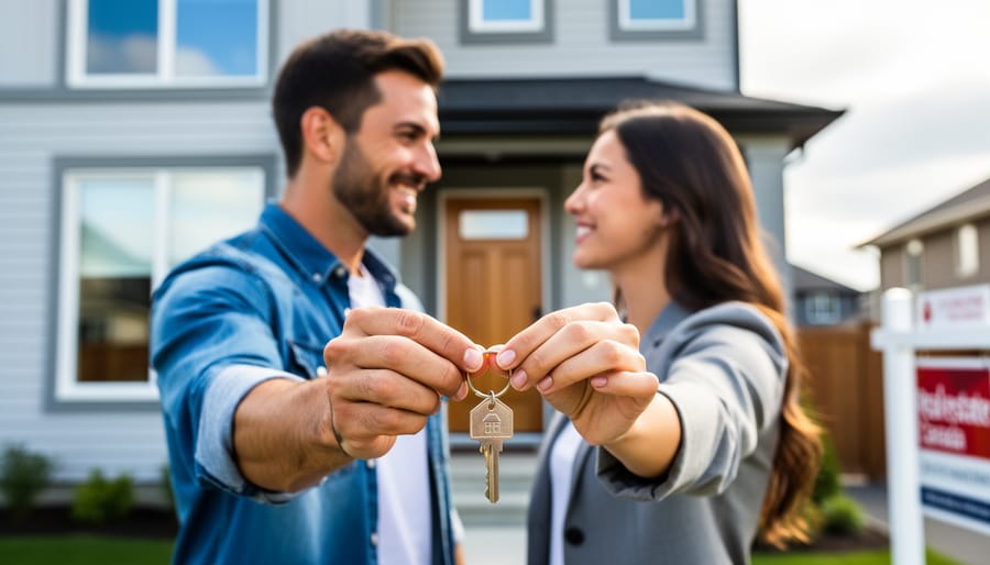 A Canadian first-time buyer couple holds house keys in front of a modern suburban home exterior in soft daylight.