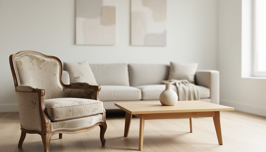 Minimalist staged living room with a vintage armchair and neutral furnishings, uncluttered surfaces, and soft natural daylight.