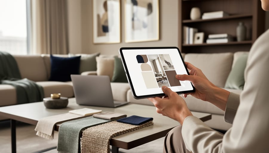 Designer’s hands using a tablet and laptop to style a modern living room with fabric swatches on a coffee table, shown in soft natural light.