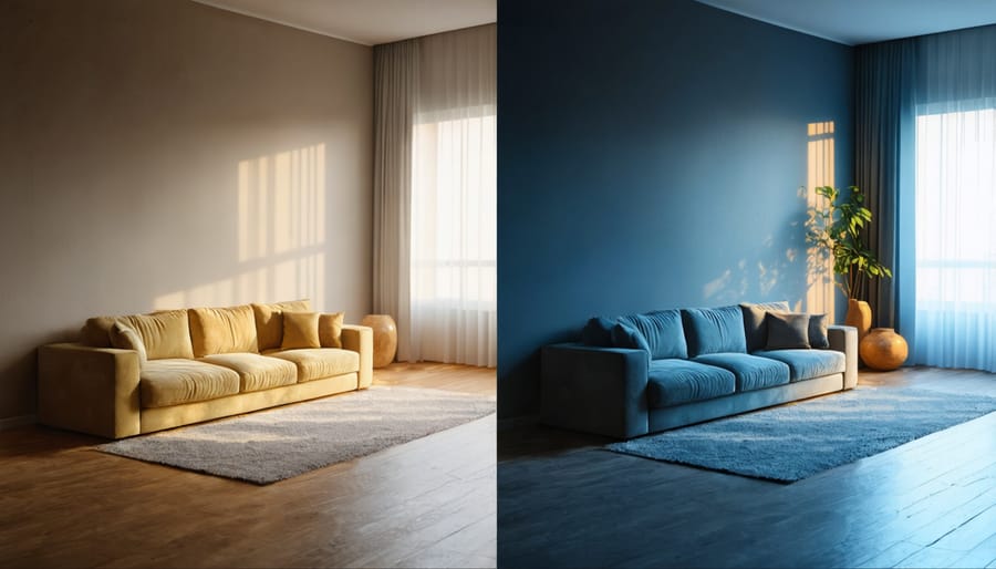 Before and after comparison of an empty living room transformed by AI virtual staging