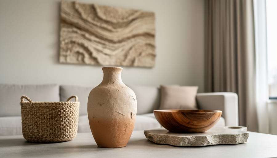 Contemporary living room vignette featuring a hand-thrown ceramic vase, textured natural-fiber wall sculpture, woven basket, wooden bowl, and stone tray in warm neutral tones.