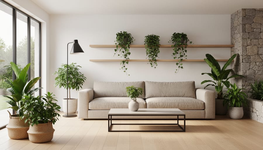 Corner of a contemporary room styled with a tall indoor plant and natural-texture decor on a console shelf