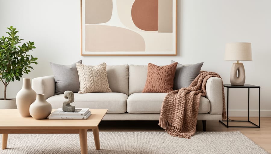 Contemporary living room vignette with neutral sofa pillows, an abstract ceramic sculpture, and a matte ceramic floor vase