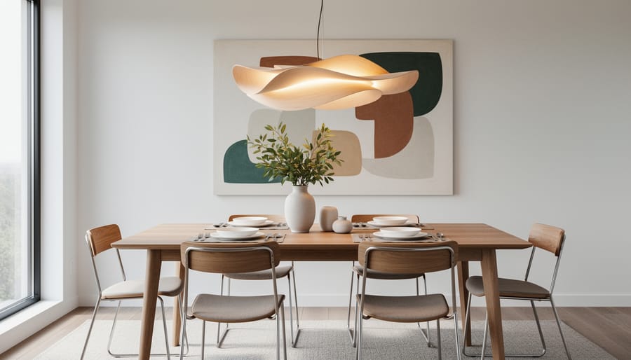 Contemporary dining room with a sculptural glass pendant light, ceramic table settings, and minimalist wall art