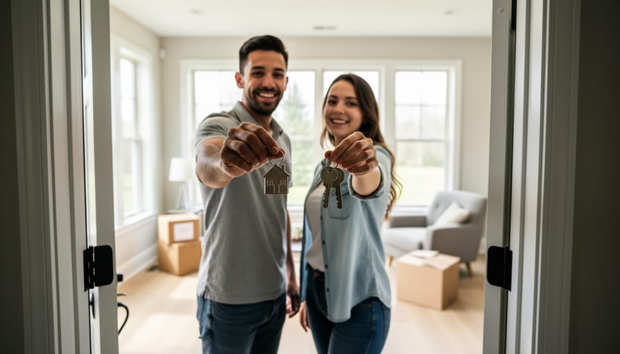 Young couple holding house keys in a bright living room inside a new home.