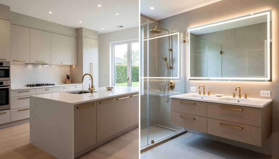 Glam bathroom staging with marble vanity, brushed brass fixtures, mirrored round wall mirror, and neatly folded towels.