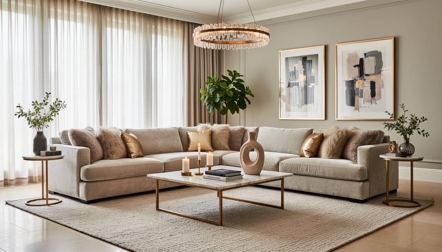Staged glam living room with velvet seating, Lucite coffee table, mirrored accents, and warm brass lighting.