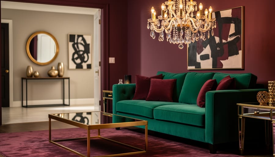 Glamorous living room staged for real estate, featuring a velvet jewel-tone sofa, brass coffee table, crystal chandelier, and mirrored gold accents.