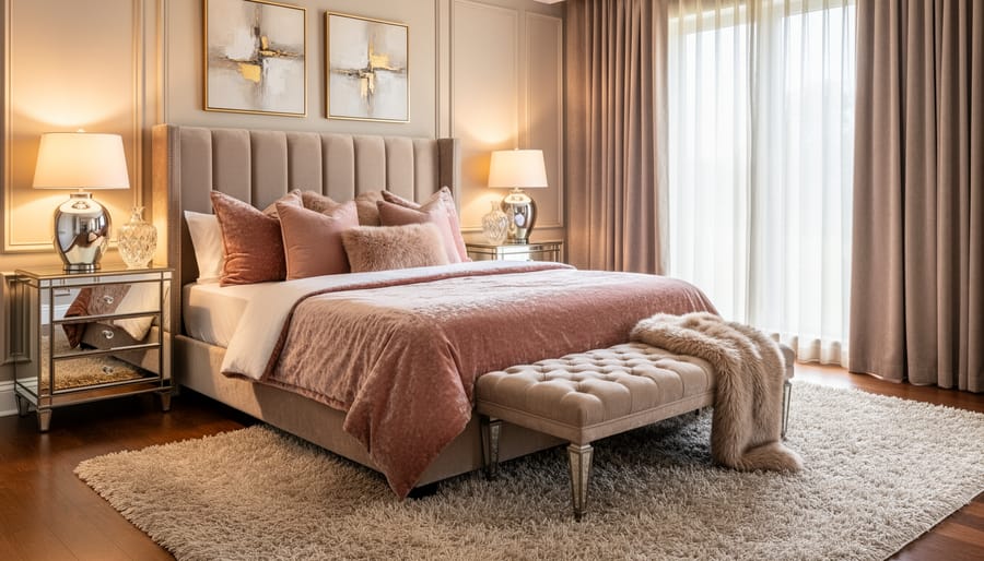 Glamorous staged bedroom with tufted headboard, mirrored nightstand, and warm bedside lighting.