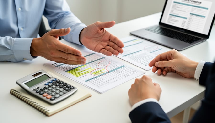 Mortgage advisor’s hands placing documents on a desk with a calculator and smartphone nearby.
