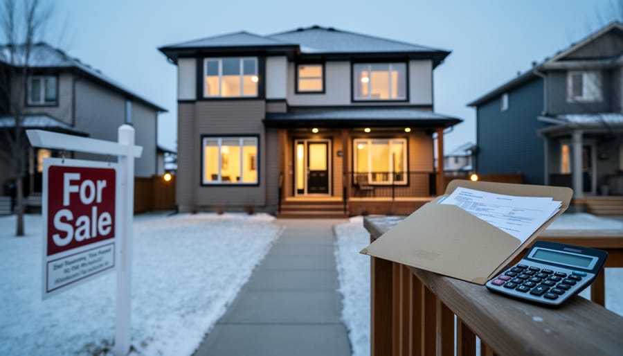 “Modern house exterior in Saskatoon at dusk with mortgage-related items like a calculator and paperwork placed on a porch railing, blurred neighborhood background.”