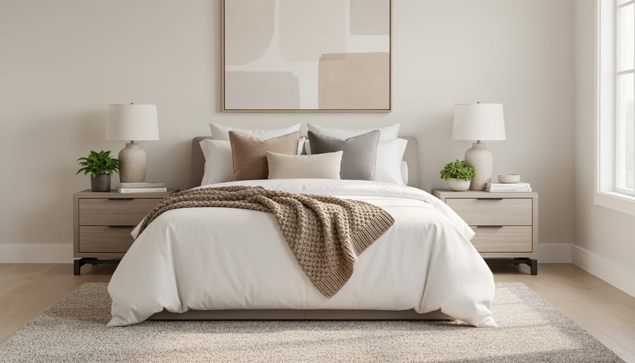 Staged contemporary bedroom with neutral bedding, bedside lamp, and framed abstract artwork