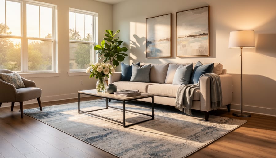 Staged living room with neatly arranged furniture and warm lighting.