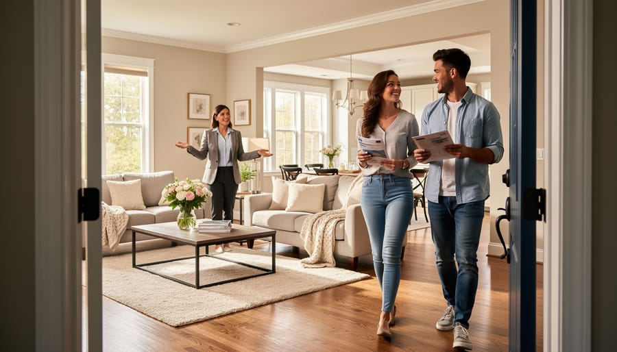 A first-time homebuyer couple looking around a staged living room while holding a key during a home showing.