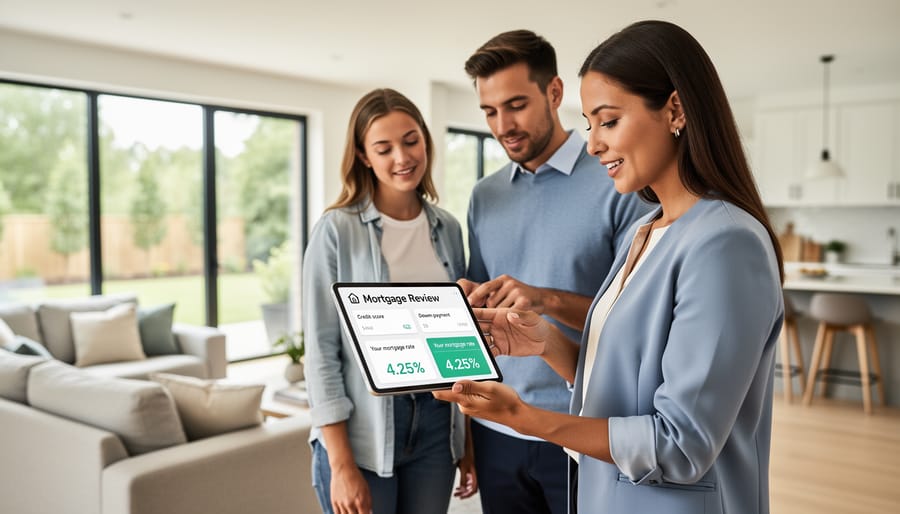 A real estate professional and mortgage advisor reviewing documents near the front door of a home.