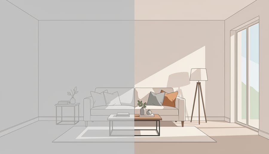 A staged living room interior with warm sunlight and a key peeking from an envelope near a coffee table.