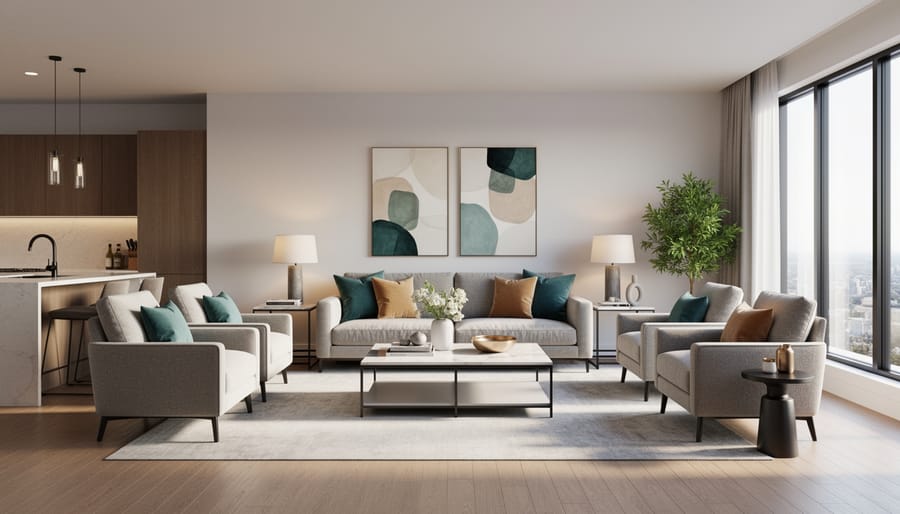 Bright modern living room styled with neutral furniture, textured textiles, and curated decor