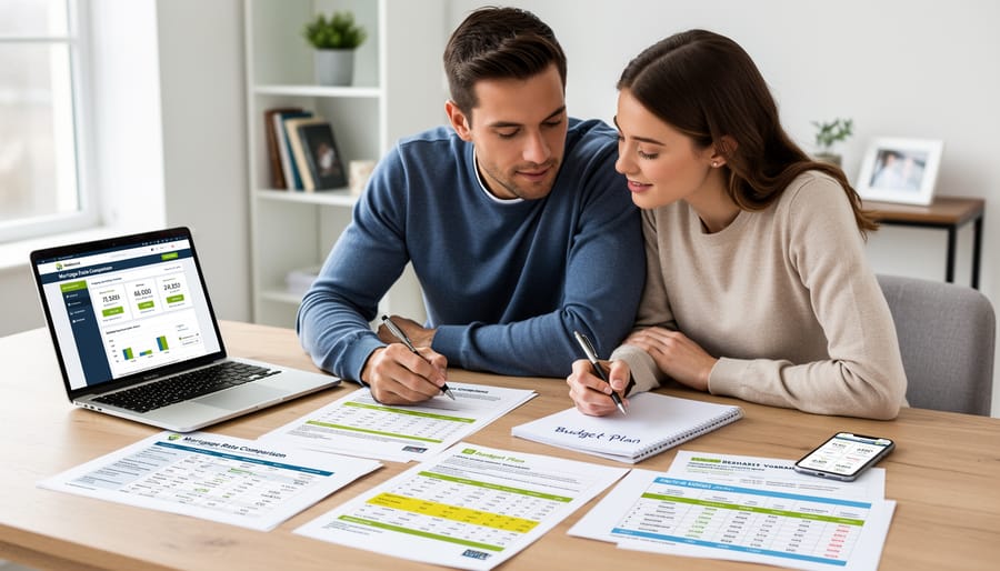 Close-up of mortgage documents, a pen, and a phone calculator on a desk for rate planning.