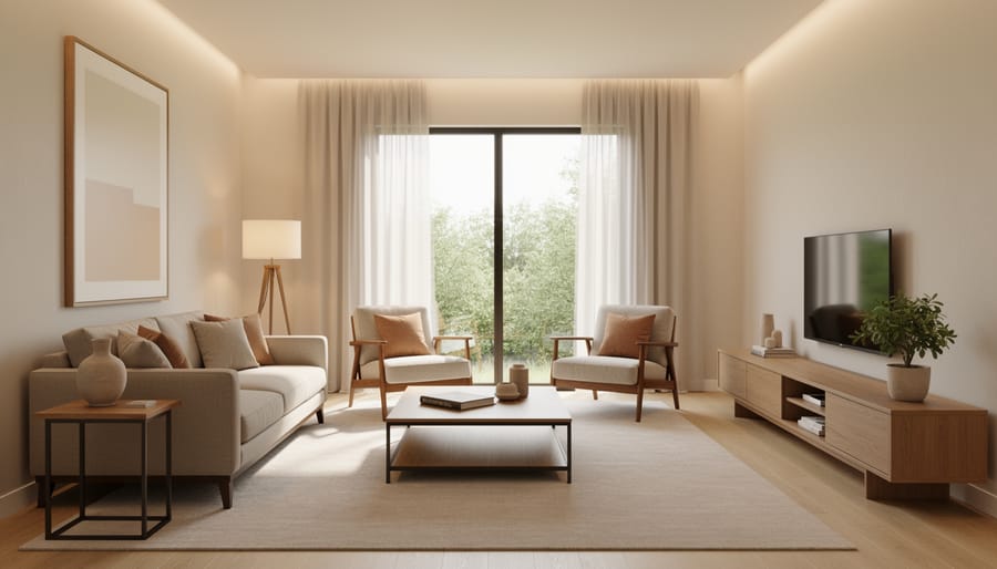 Minimalist dining space with simple table styling, linen textures, and warm side lighting