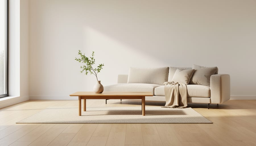 Minimalist living room staged with neutral sofa, linen accents, light wood furniture, and soft natural daylight