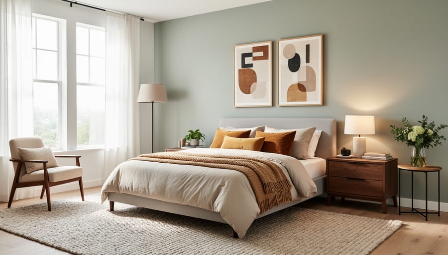 Staged bedroom with coordinated bedding, layered lamps, and neutral decor creating an inviting interior