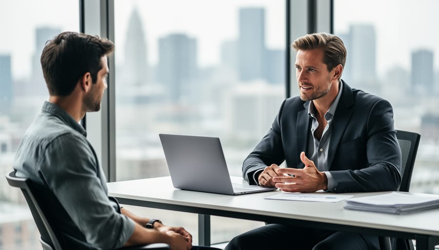 Mortgage broker and client reviewing notes at an office desk