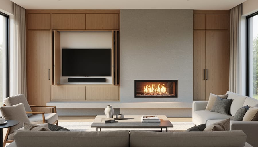 A motorized TV integrated into custom wood millwork above a fireplace with the screen lowered
