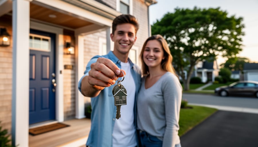 Couple holding house keys while seated indoors near a bright window