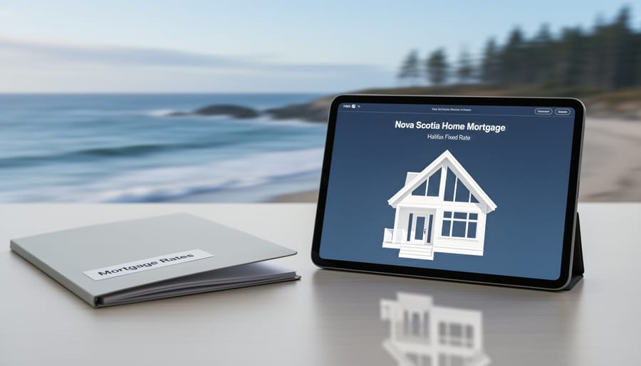 Mortgage planning scene with a Nova Scotia home reflection on a tablet and blank paperwork on a desk against a soft coastal background.