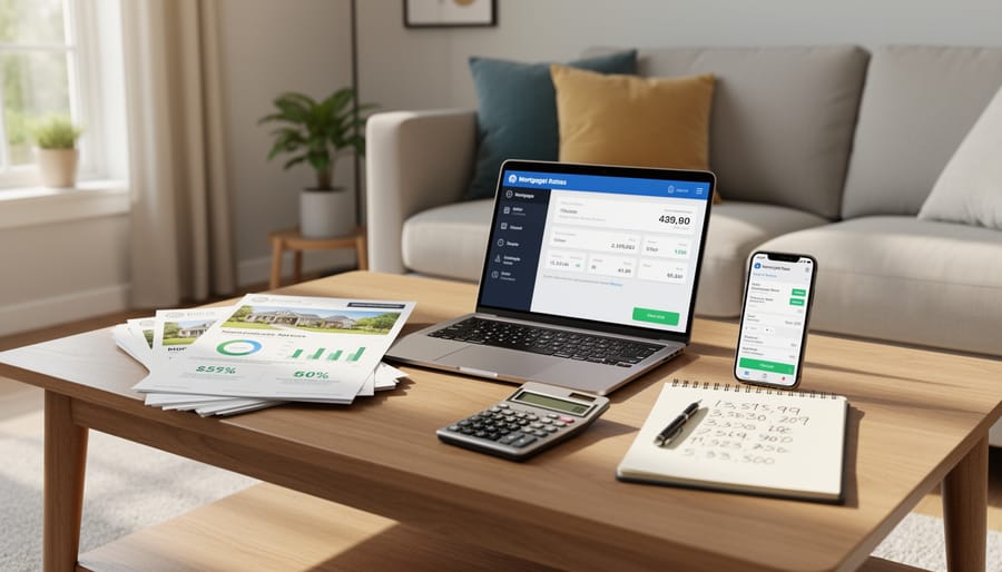 Calculator and planner on a staged living room sofa with soft natural light