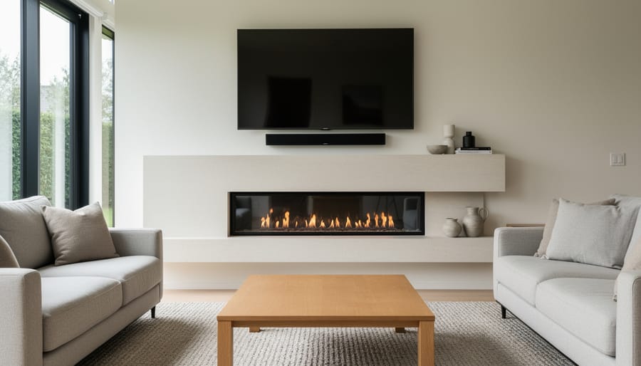 A flat-screen TV mounted above a stone fireplace in a modern living room