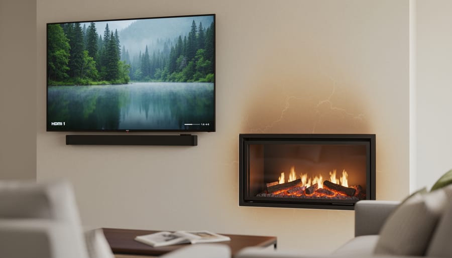 Close view of a TV mounted above a fireplace showing the height and proximity relationship