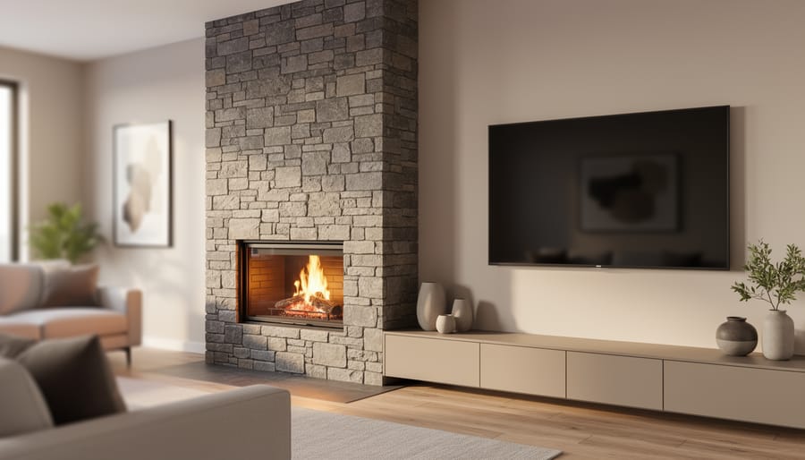 Living room interior with a stone fireplace on one wall and a flat-screen TV on a perpendicular wall, styled for comfortable viewing.