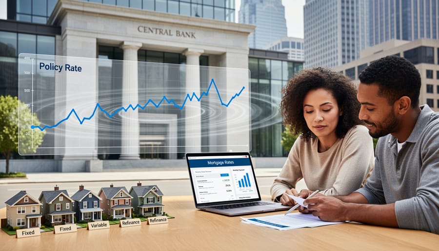 Low-angle exterior photo of a central banking building with blurred city activity in the background