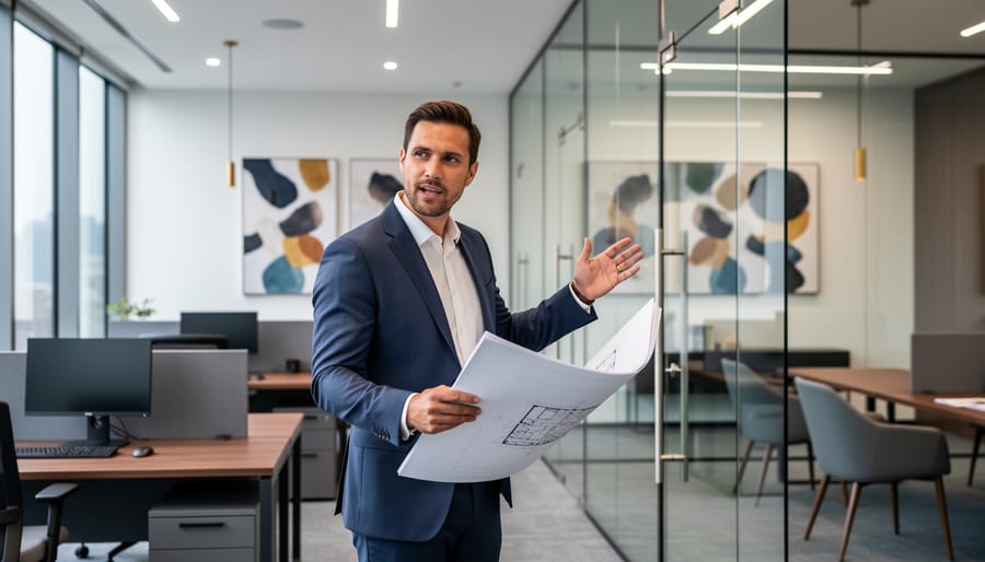 A corporate real estate professional reviewing an architectural plan in a modern office with glass conference rooms and contemporary design elements.