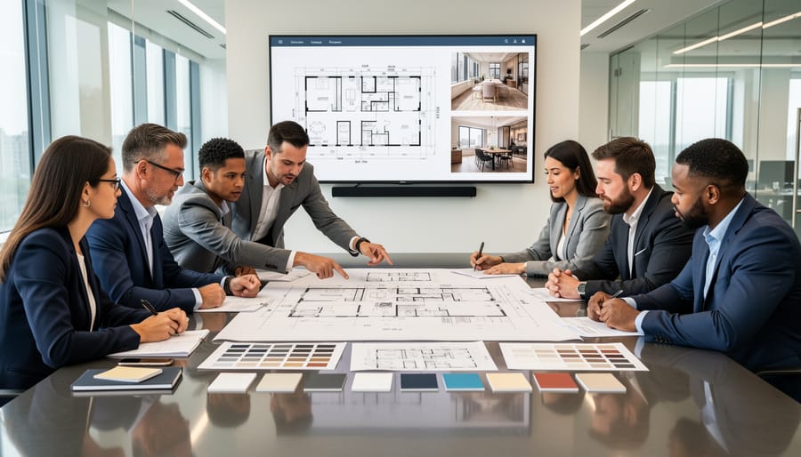 Corporate real estate team members discussing styling materials and plans in a modern staged office.