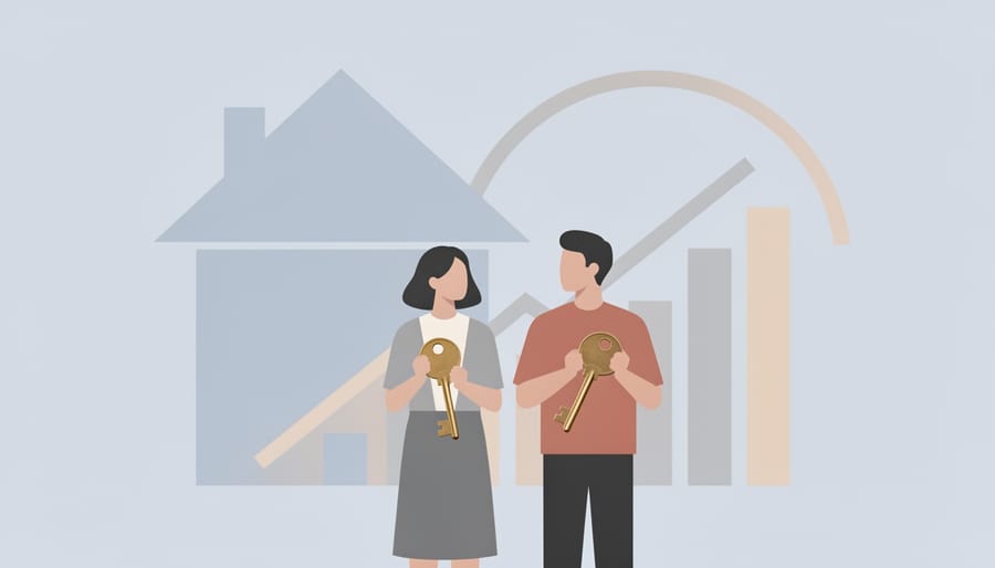 A couple holding house keys while considering a calculator on a counter in a bright living room