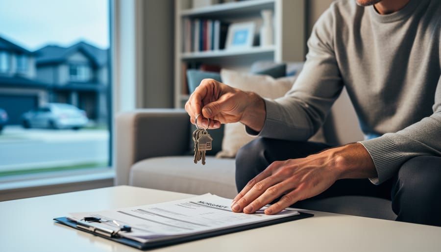 “Person holding house keys and a mortgage statement folder in a bright living room, representing how interest rates and home prices affect monthly affordability.”