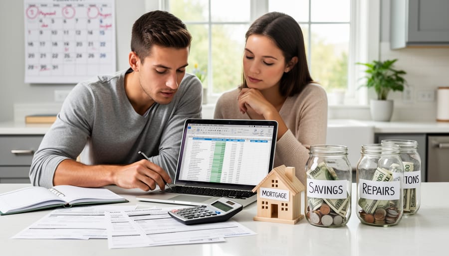 Mortgage planning items with a coin jar and notebook on a table, photographed with soft studio lighting