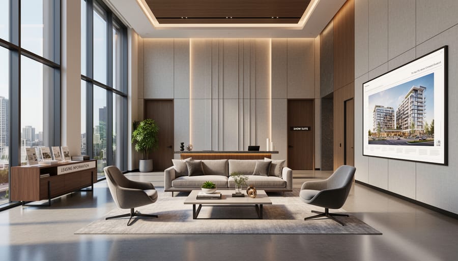 Staged modern commercial room with neutral furnishings and warm sunlight through large windows.