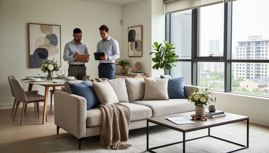Property manager and marketing professional collaborate to photograph a professionally staged apartment interior