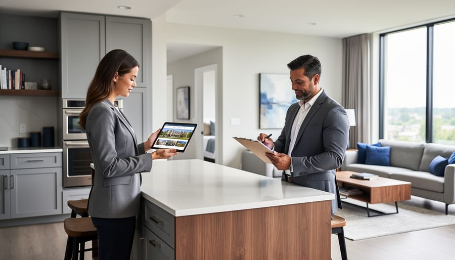 Marketing specialist and property manager collaborating inside a modern apartment leasing space, reviewing property details together.