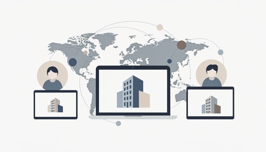 Remote collaboration between property management and marketing shown through a laptop and smartphone on a desk