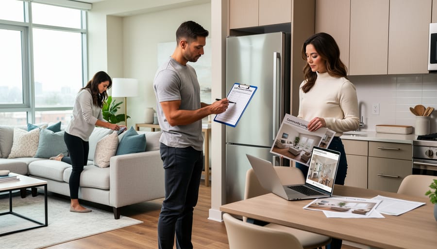 Staging of an apartment room alongside property maintenance work for a tenant tour