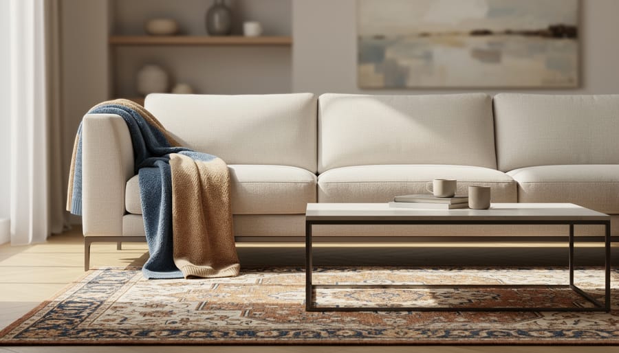 Wide view of a warmly lit, partially furnished living room interior with a sofa and coffee table styled for planning different interior looks.